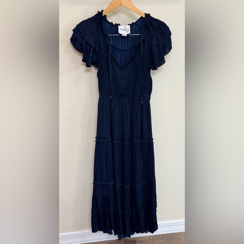Sam Edelman Navy Blue Tiered Midi Dress Flutter Sleeve Size Small